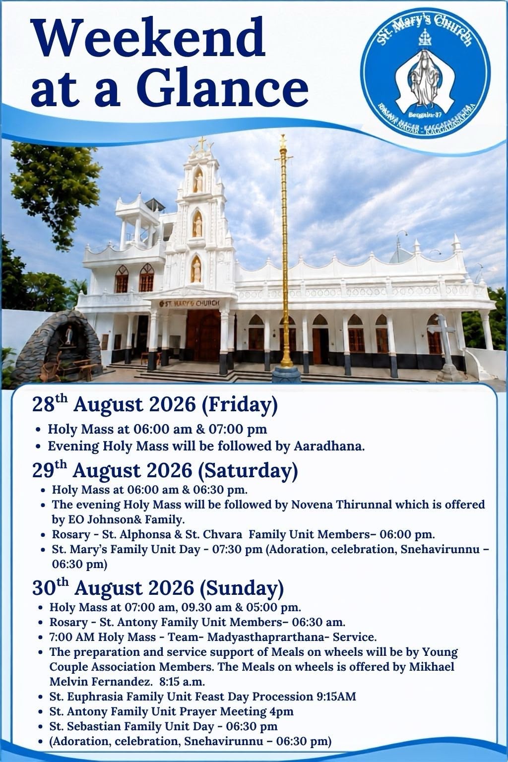 Weekend at a Glance parish programme for 28 to 30 August 2026